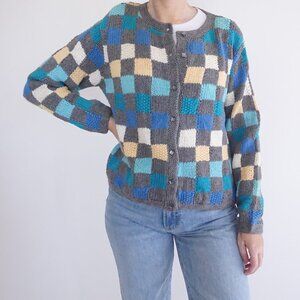 Vintage Christopher & Banks Grey Blue Checkered Button Up Cottagecore Cardigan M